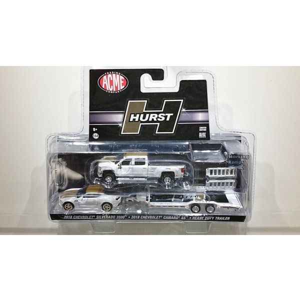 画像1: ACME 1/64 '18 Chevrolet 3500 Dually with '18 Chevrolet Camaro SS with HD Trailer - Hurst Performance
