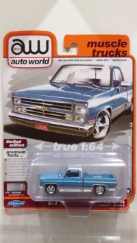 auto world 1/64 1985 Chevy Silverado Pickup Lowdown Light Blue/Silver