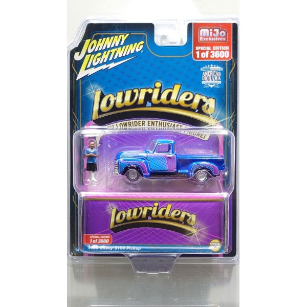 画像1: JOHNNY LIGHTNING 1/64 1950 Chevy 3100 Pickup Lowrider Blue with Lowrider Enthusiast Figure