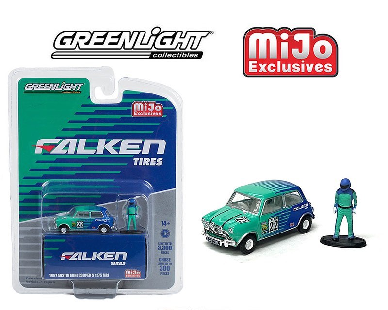 画像1: GREEN LiGHT 1/64 1967 Austin Mini Cooper S Green/Blue FALKEN with Driver Figure (1)